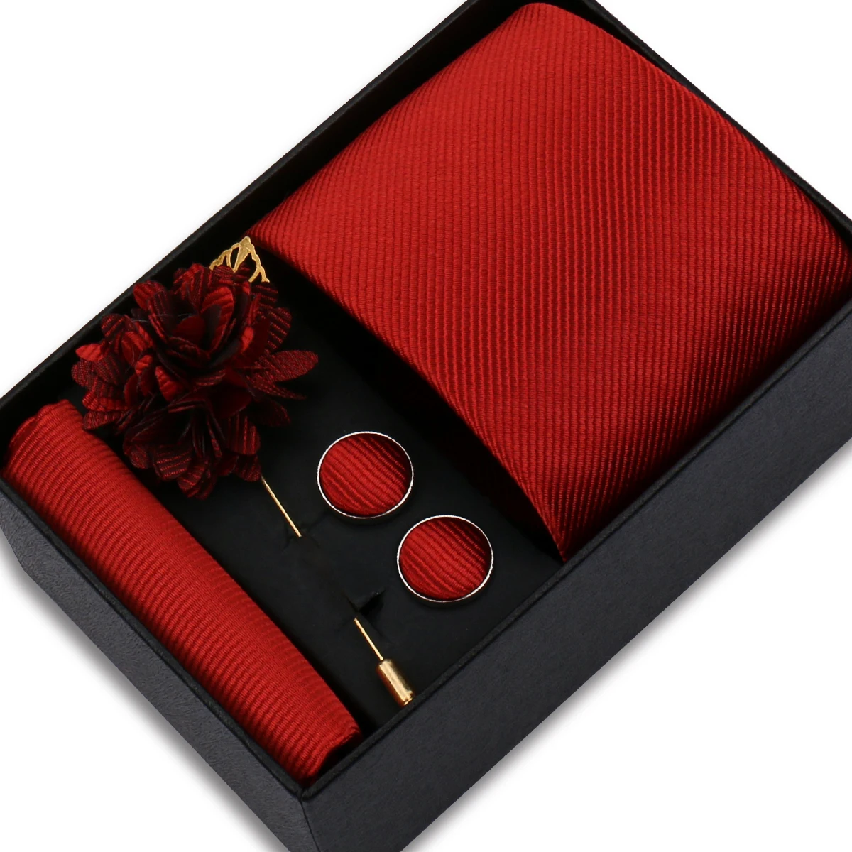 Solid Color Tie Set for Men Flower Pin Necktie Hanky Cufflinks Brooch Set Neck Buckles Flower Lapel