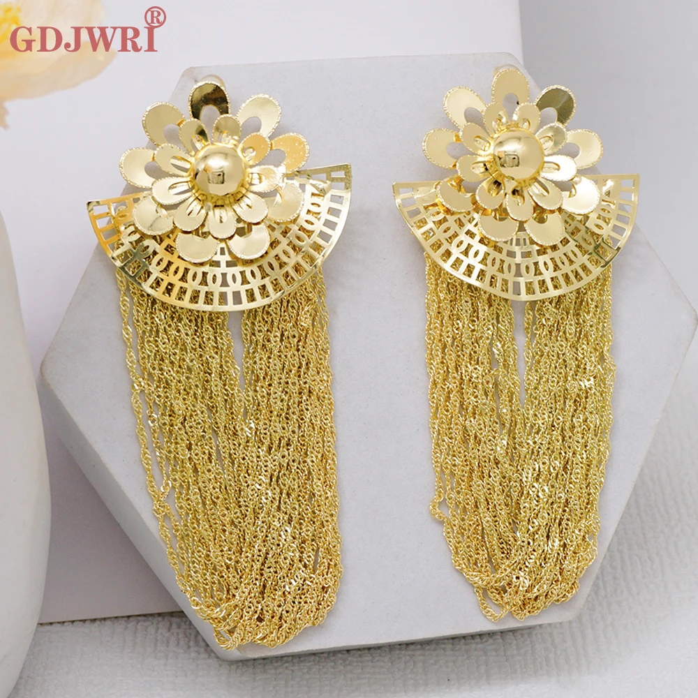 

Large Drop Earrings For Women Flower Italian Long Tassels Dangle Earings Dubai Gold Color Copper Jewelry Fashion Party Gift