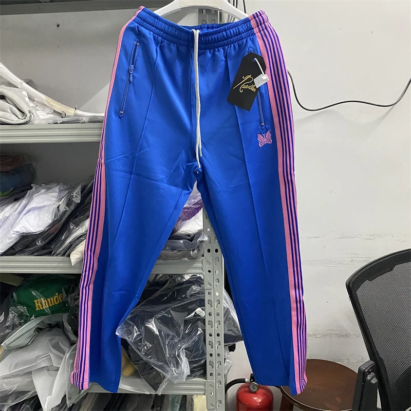 

Blue Needles Sweatpants Men Women Pink Stripe Butterfly Track Pants Narrow AWGE Trousers gym