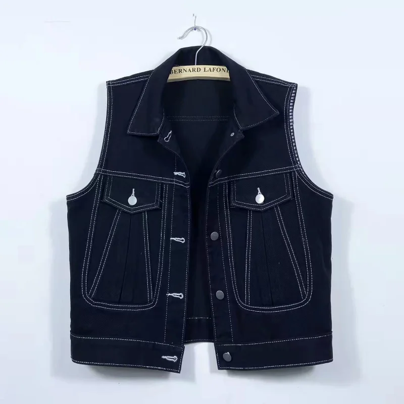 2023 Spring and Autumn New Pleated Large Pocket Denim Closing Women's Short Vest Women Waistcoat Jacket Slimming Wear Top