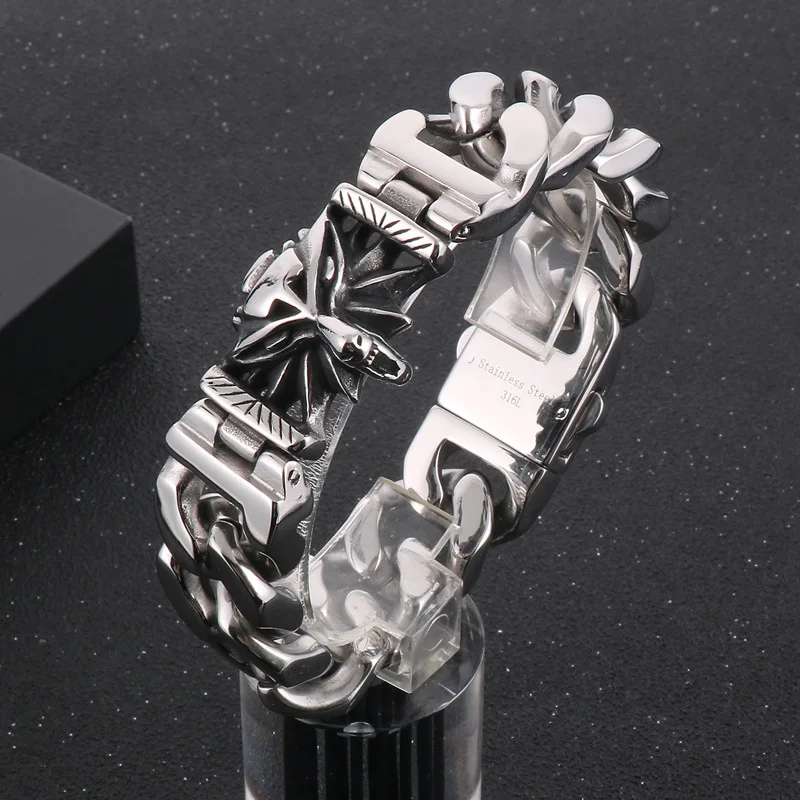 

Punk Vintage Biker Men's Stainless Steel Viking Wolf Head Cuban Curb Link Chain Bracelet 20MM Hiphop Cool Male Bangle Jewelry