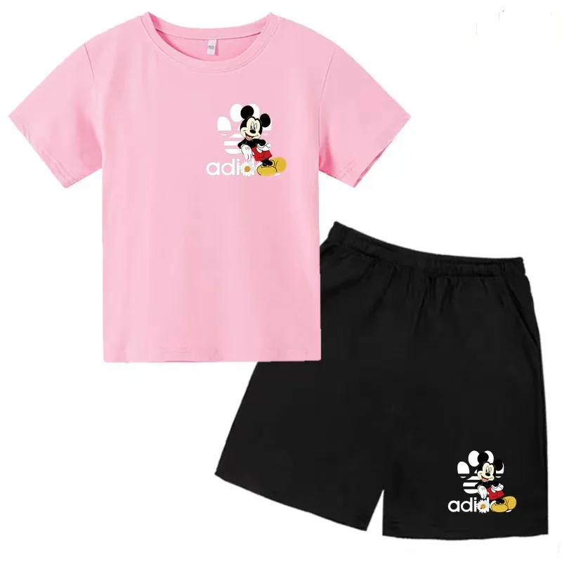 Camiseta y pantalones cortos con estampado de Mickey Mouse de verano para niños y adolescentes, traje de 2 piezas, ropa deportiva informal para niños y niñas, conjunto de moda Sunshine