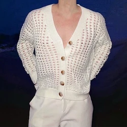 Mens Autumn Winter Mesh Hollow See-Through Sweater Genderless Y2k Fashion Sexy French V-Neck Cardigan Solid Color Sweater Unisex