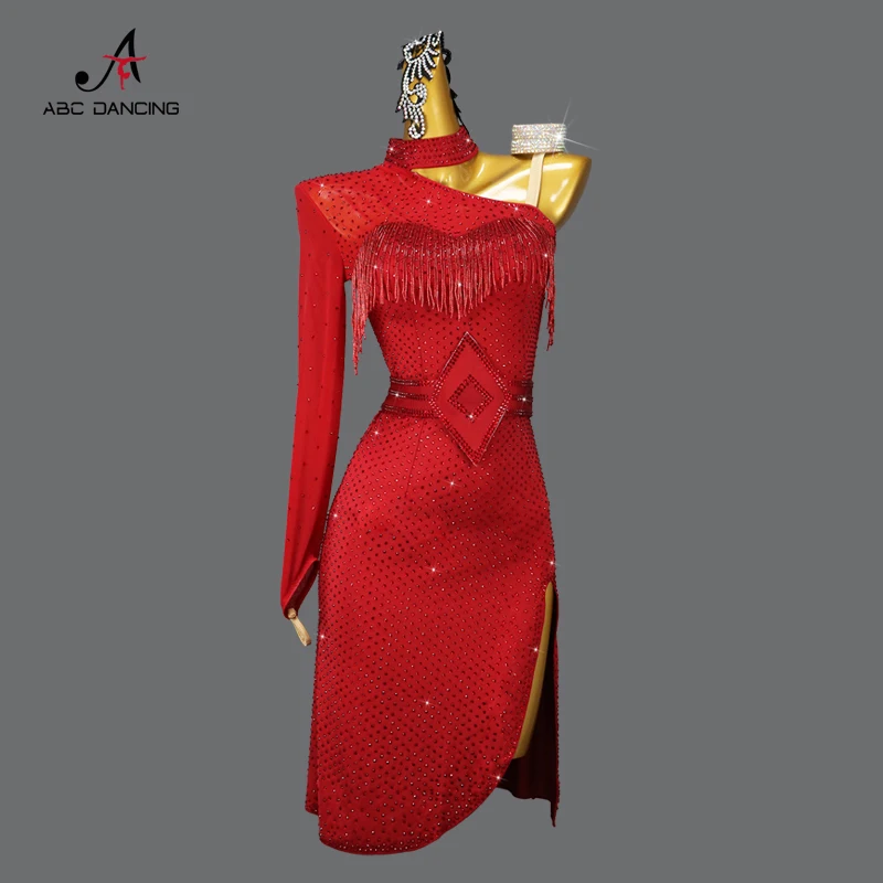 

New Red Latin Dance Professional Competition Wear Sexy Women Senior Fringe Dress Outdoor Ballroom Costume Cabaret Customize Cha