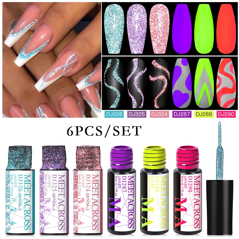 MEET ACROSS 6Pcs/Set Reflective Glitter Line Gel Nail Polish Metallic Mirror Nail Art Liner UV Gel DIY Painting Drawing Varnish 5