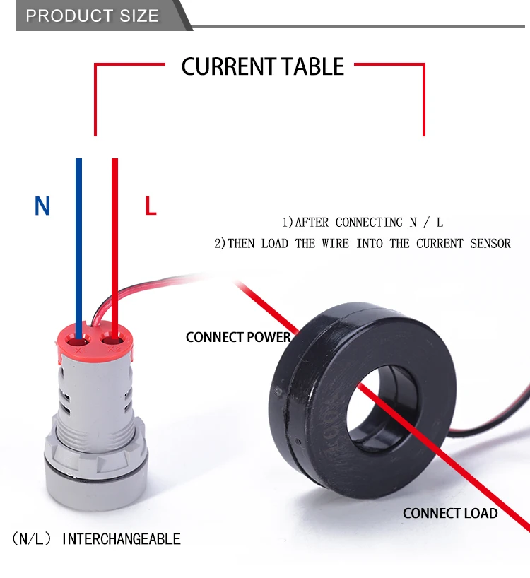 Description Picture 6 of item22mm Frosted Round Panel Digital Ammeter Amp Tester Meters LED Indicator Pilot Lamp Light Current Meter 0-100A AC 50-500V