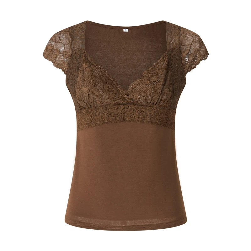 Brown Lace Crop Tops Vintage Aesthetic Women V Neck Short Sleeve T Shirt y2k Fairy Grunge Clothes 2000s Streetwear