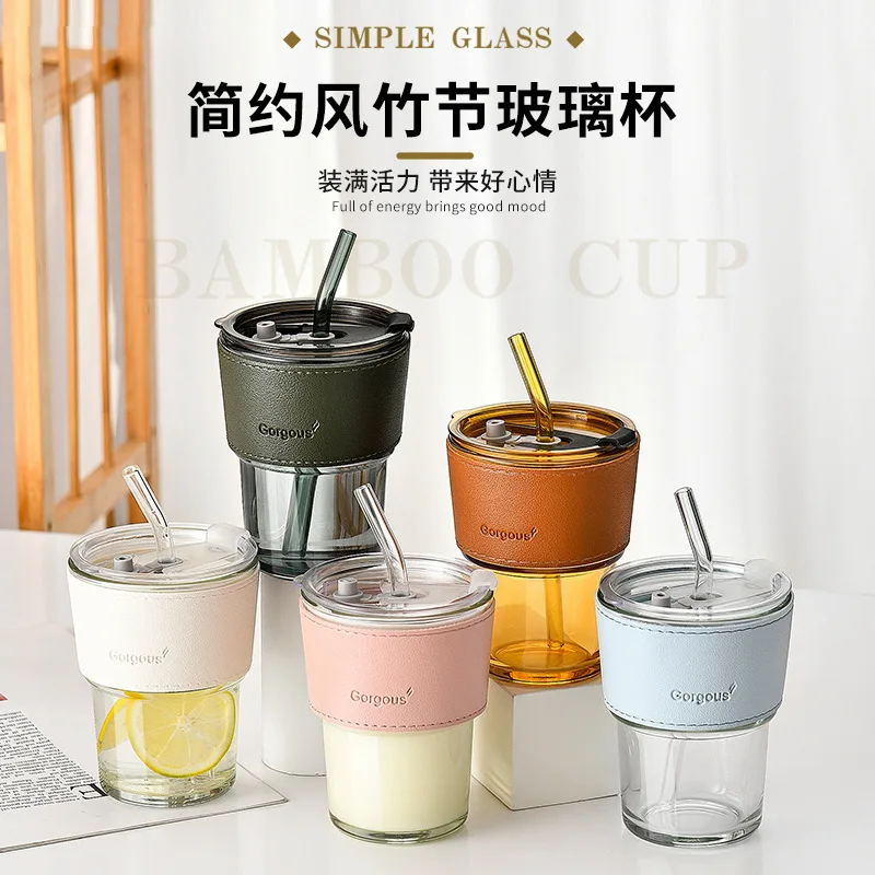 400ML Drinking Glasses with Lids Glass Straw Cup Set Can Shaped Glass Cups Beer Glasses Coffee Milk Juice Drinkware Tumbler Cup