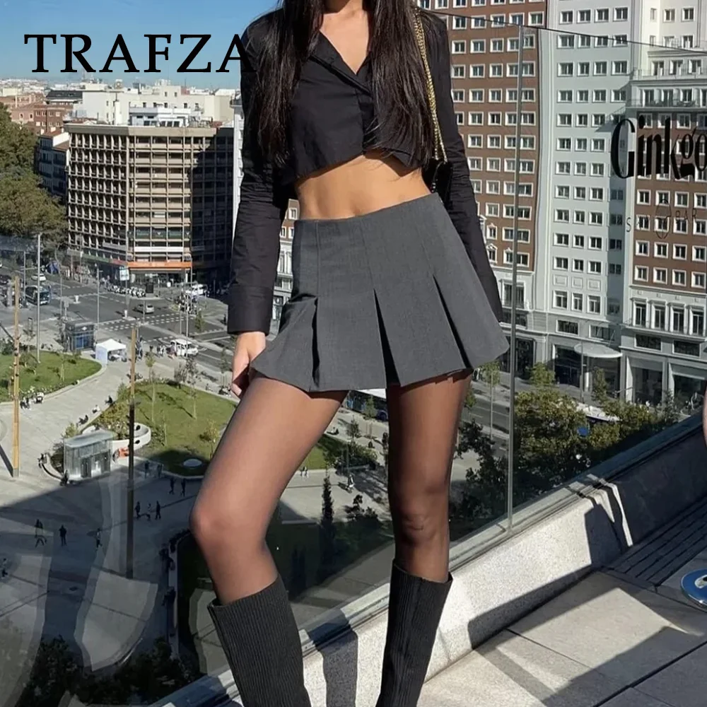 TRAFZA 2025 Spring Summer Women Casual Tierred Mini Skirts Fashion Vintage Solid High Wasit Ruffles Pleated Sexy Shorts Skirts 6