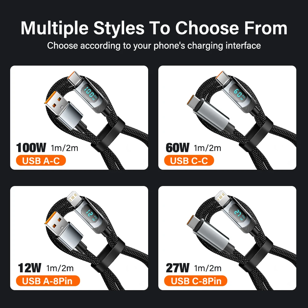 100W 60W USB C 케이블 아이폰 17 16 15 13 11 프로 맥스 Xs 디지털 디스플레이 와이어 PD 27W 고속 충전 타입 C 라이트닝 데이터 케이블