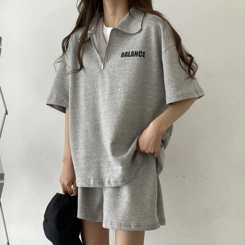 Women Korean Style Zipper Tee Two Piece Shorts Sets Clothes T