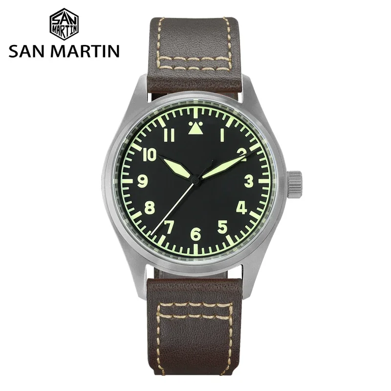 

San Martin Pilot Titanium Vintage Military Enthusiasts YN55 Automatic Mechanical Men Watch Leather Strap Waterproof Luminous