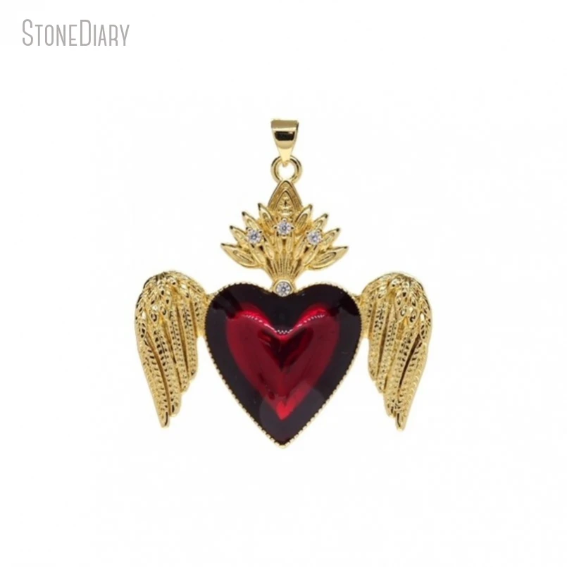 

5Pcs Wholesale Gold Color Red Copper Invisible Setting Cubic Zirconia Heart Point Wing Gift For Her Jewelry Pendant PM50320
