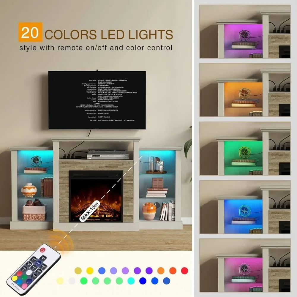 Fireplace TV Stand with LED Lights and Power Outlets, TV Console for 32" 43" 50" 55" 65", Entertainment Center with Ad 3
