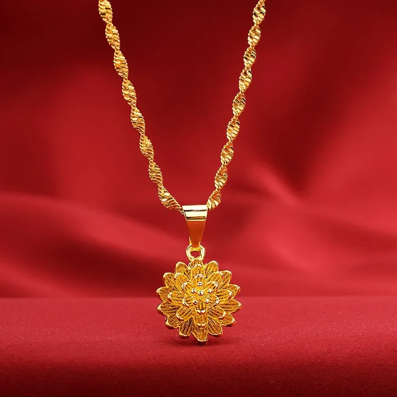 Boutique 9999 new women's gold necklace 24K real golden lotus pendant fashionable women's collarbone chain jewelry