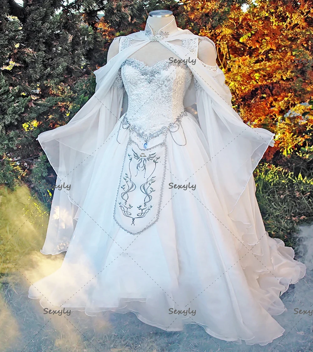 Vintage Medieval Wedding Dress 2022 Renaissance With Caped Flare Puff Sleeve Lace Embroidery Gothic Bridal Gowns