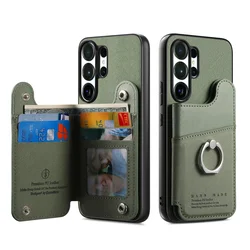 Luxury Leather RFID Wallet Holder Card Cover with Ring - Elegant Protective Phone Case - Galaxy S23 Ultra (Green)