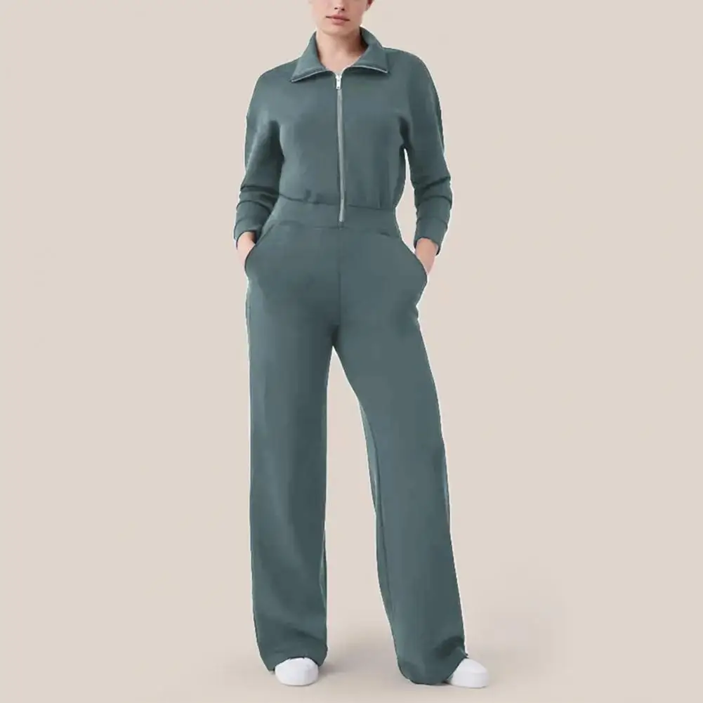 

Loose Fit Jumpsuit Cozy Solid Color Women's Winter Jumpsuit with Wide Leg Pockets Warm Lapel Zipper Closure Ninth for Fall