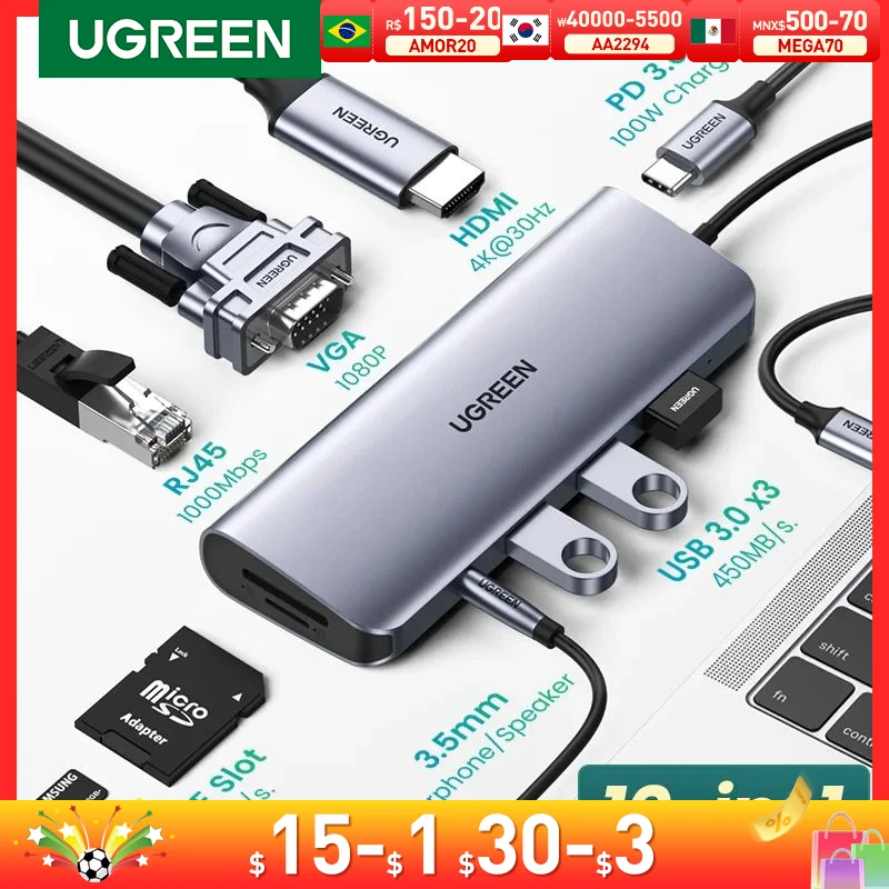

UGREEN USB C HUB 10 в 1 USB Type C к HDMI 4K USB 3,0 VGA PD 3,5 мм полнофункциональный концентратор для MacBook/Pro/Air iPad Pro USB C HUB