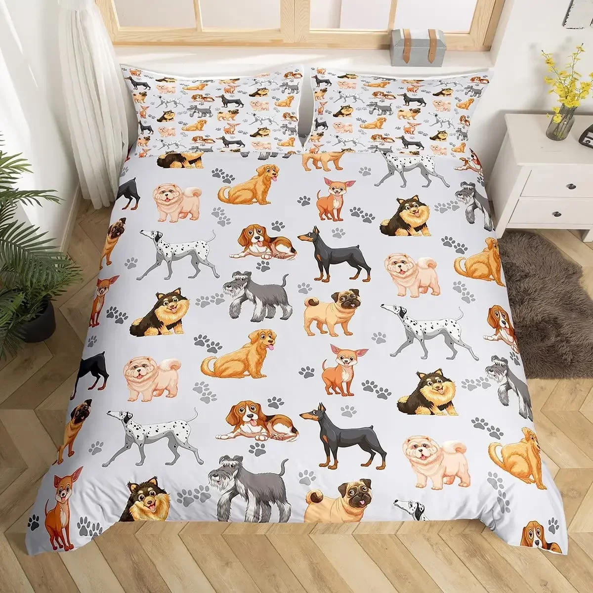 Kids Cute Dog Bedding Set Bedclothes Cartoon Dogs Comforter Cover for Boys Girls Children Pet Puppy Animal Polyester Duvet Cover