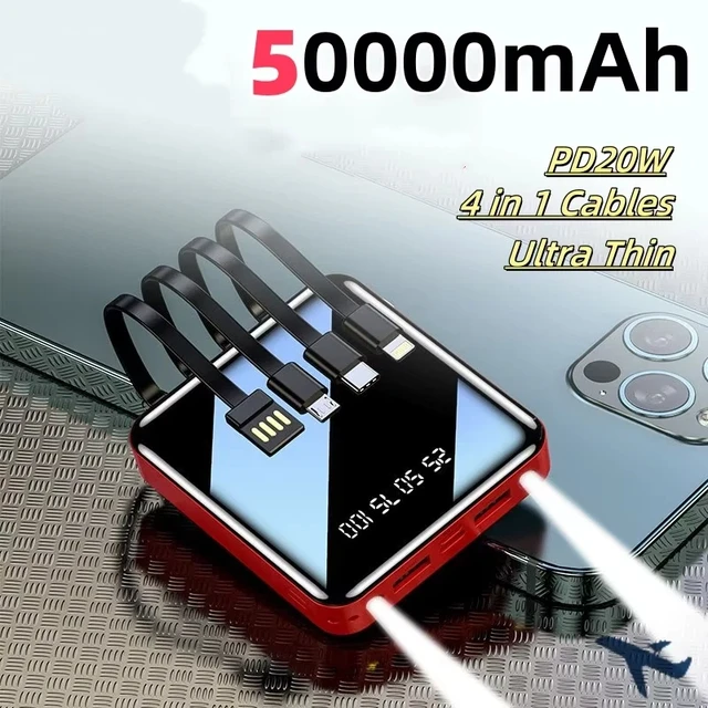 500000mAh Mini Power Bank Portable Charger Mirror Screen LED Digital Built-in Cable Powerbank for iPhone Huawei Samsung