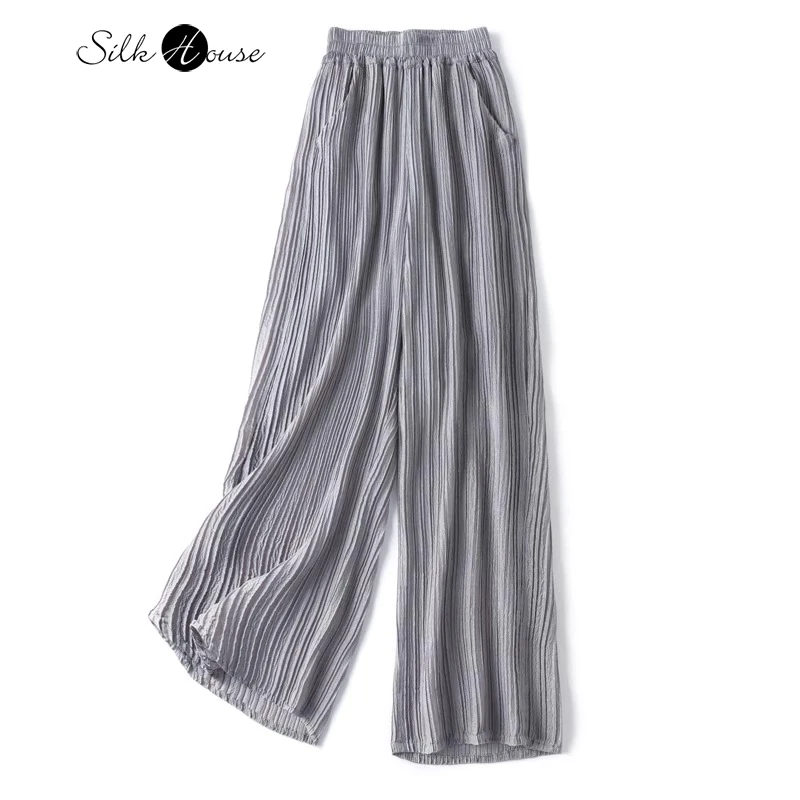 2024 Spring New Wrinkle Art with Inner Lined Misty Texture Elastic Waist Straight Leg Casual Pants for Women