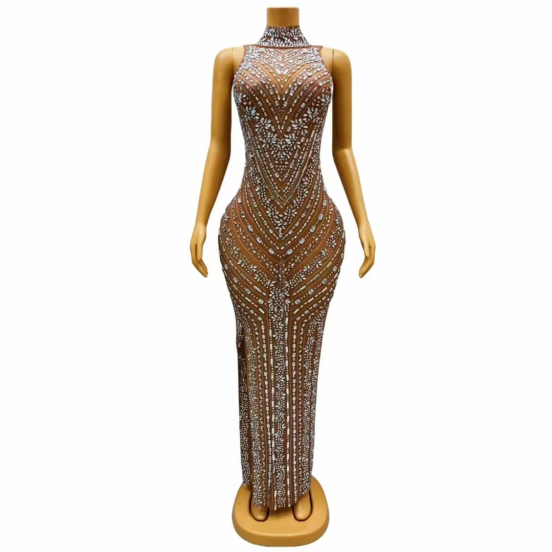 

Celebrity Singer Luxury Sexy Evening Celebrate Model Catwalk Shiny Rhinestones Long Dress Birthday Party Transparent Mesh Dress