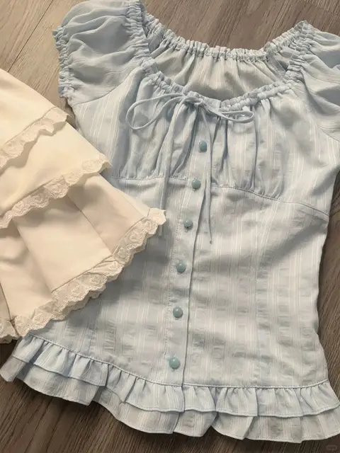 Women's French Sweet Blouse with Round Neck, Tie-Up Pleated Crop Top, Solid Color Design, Slim-Fitting Short-Sleeved Shirt for Women, Summer Casual Wear 1