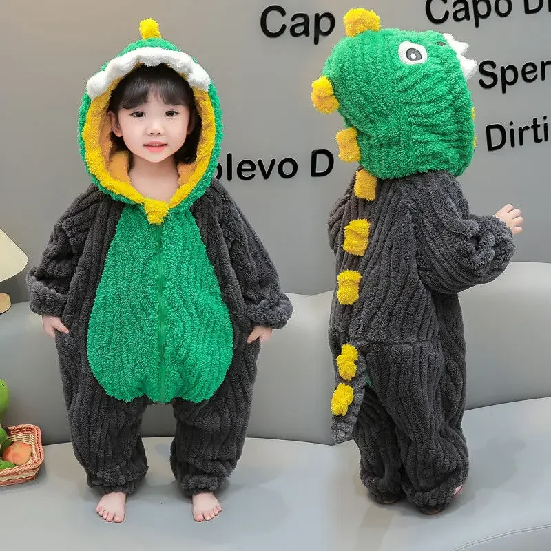 Children's Thick Coral Fleece Jumpsuit Little Girl's Autumn and Winter Cartoon Climbing Clothes Baby Flannel Hooded Home Clothes