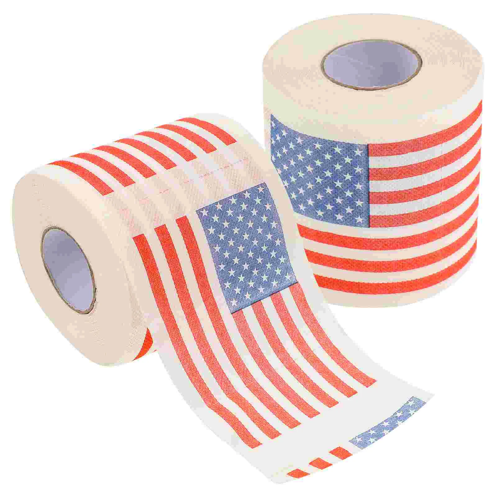 2Pcs American Flag Printed Toilet Paper Premium Wood Pulp Safe Material Bathroom Tissue Roll Napkin Paper Soft Smooth Lines