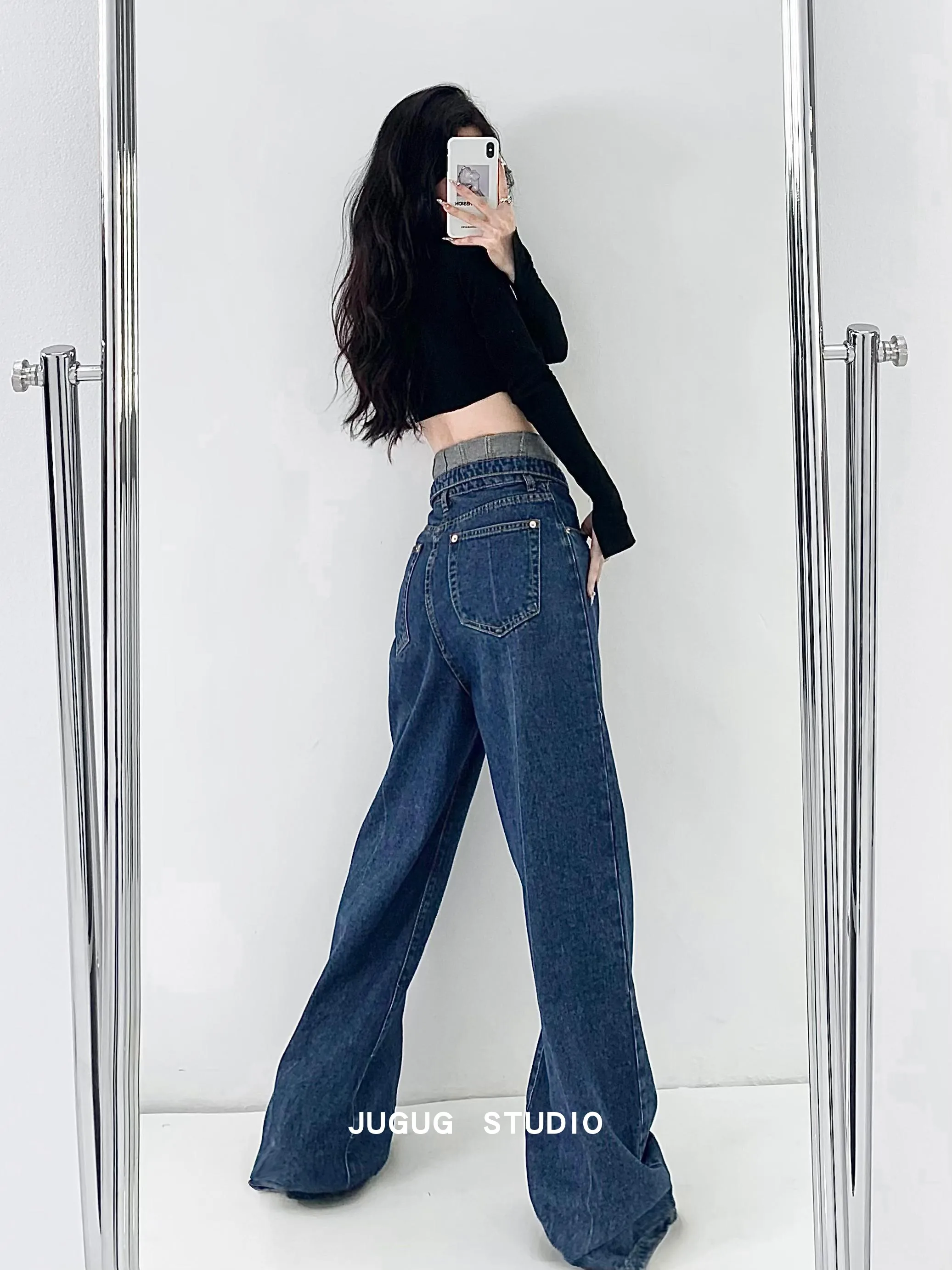 Streetwear azul pentagrama calças de brim de cintura alta y2k estilo  coreano hip hop em linha reta jeans namorado para calças femininas -  AliExpress
