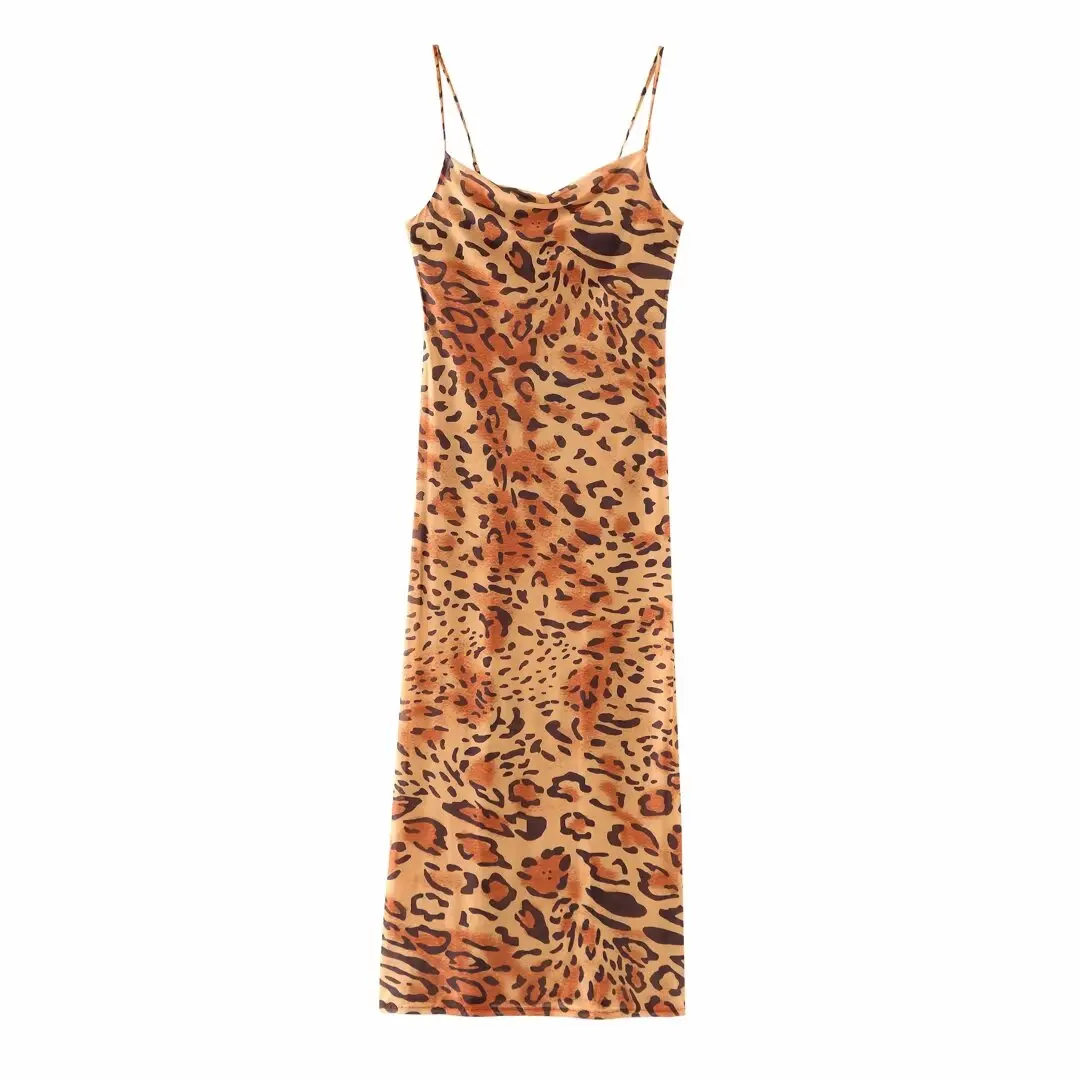 

TRAFZA Female Summer Fashion Sexy Sheer Leopard Print Slip Dress Woman Vintage Chic Backless Beach Style Midi Dresses Mujer