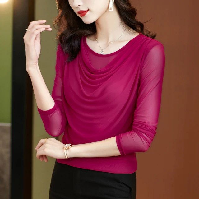 세련되고 편안한 가을용 여성용 메쉬 티셔츠