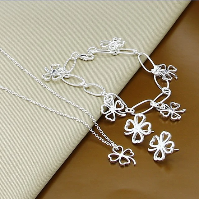 Beautiful Clover Four Necklace Bracelet Ring Earrings Set 925