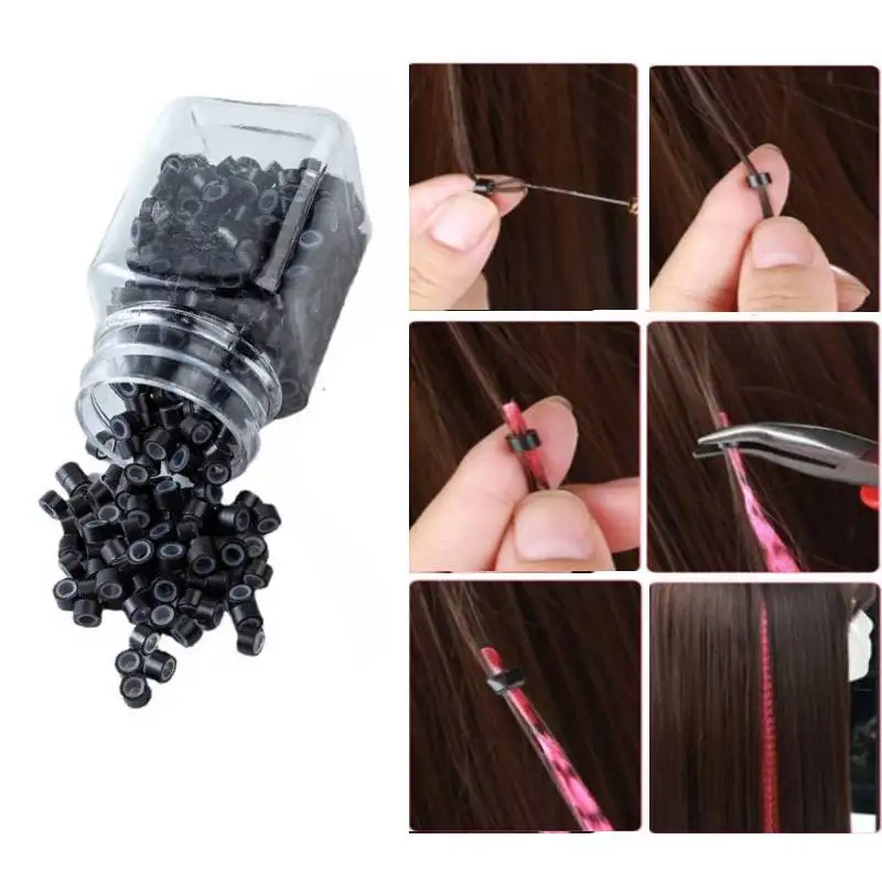 200pcs Silicone Micro Lined Rings Links Beads 5.0*3.0*3.0mm Micro Ring Hair Extensions Link Crimp Beads Hair Extensions Tools 1000g italy glue beads keratin glue granules beads grains hair extensions black color hair glue beads