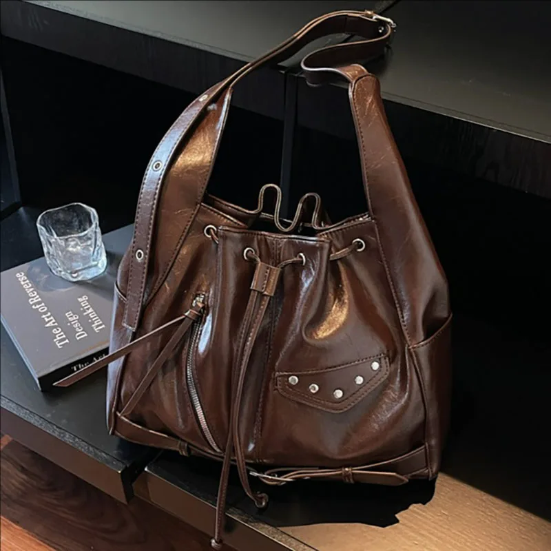 New Korean Version Women'S Drawstring Large Capacity Bucket Bag Autumn And Winter Tote Bag Casual Shoulder Bag Crossbody Bag