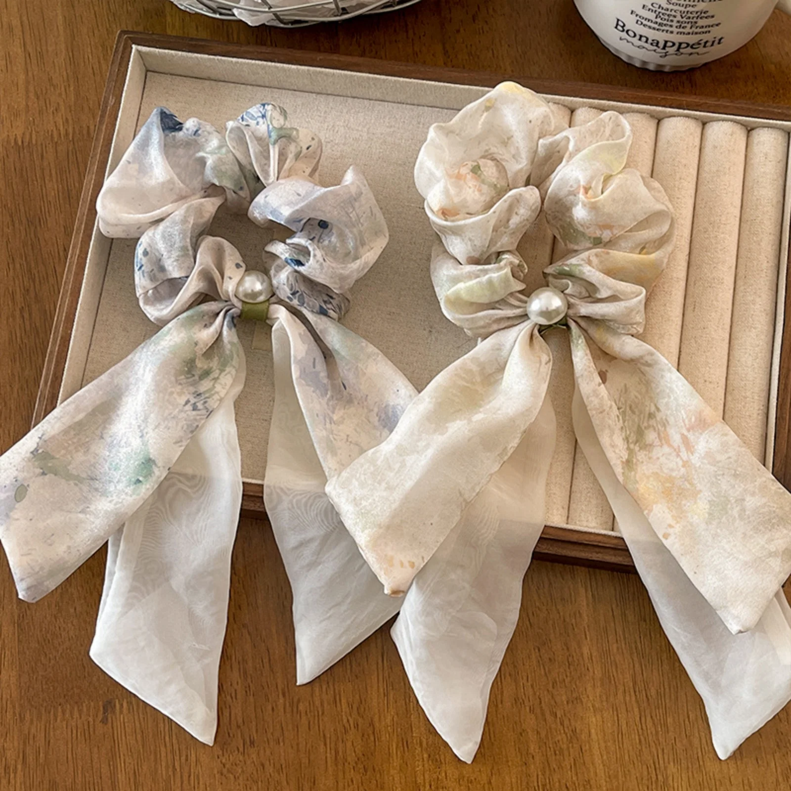1PC Chiffon Scrunchies with Bow & Pearl: Watercolor Print Hair Ties for Women, Elegant Hair Accessories for Daily & Party Looks