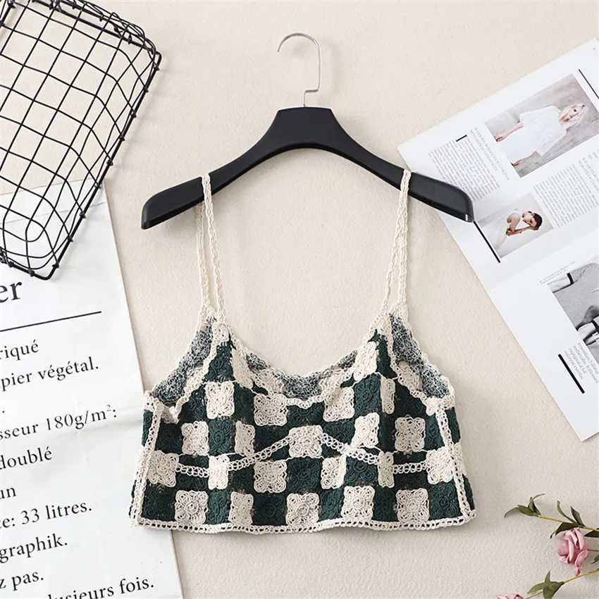 

Boho Retro Crochet Camisole Tanks Women V-Neck Knitted Plaid Tank Top Beach Holiday Tee Shirt Femme