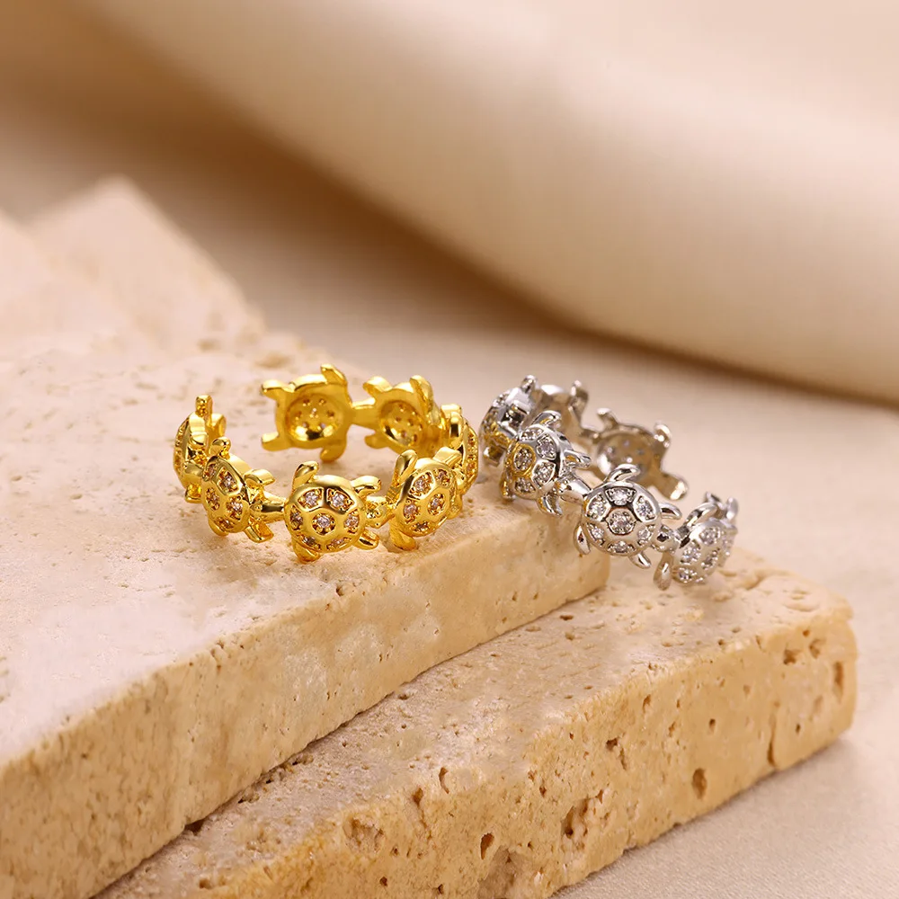 Cute Zircon Turtle Rings For Women Gold Color Adjustable Opening