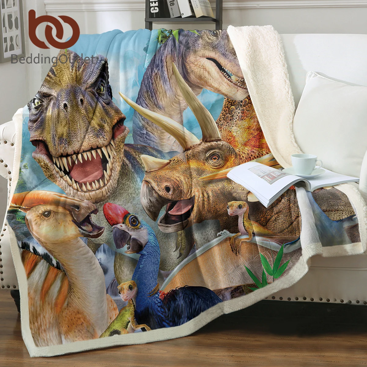 BeddingOutlet 3D Cartoon Dinosaur Fleece Throw Blanket Cute Animal Sherpa Blanket For Couch Sofa Bedroom Living Room Decoration