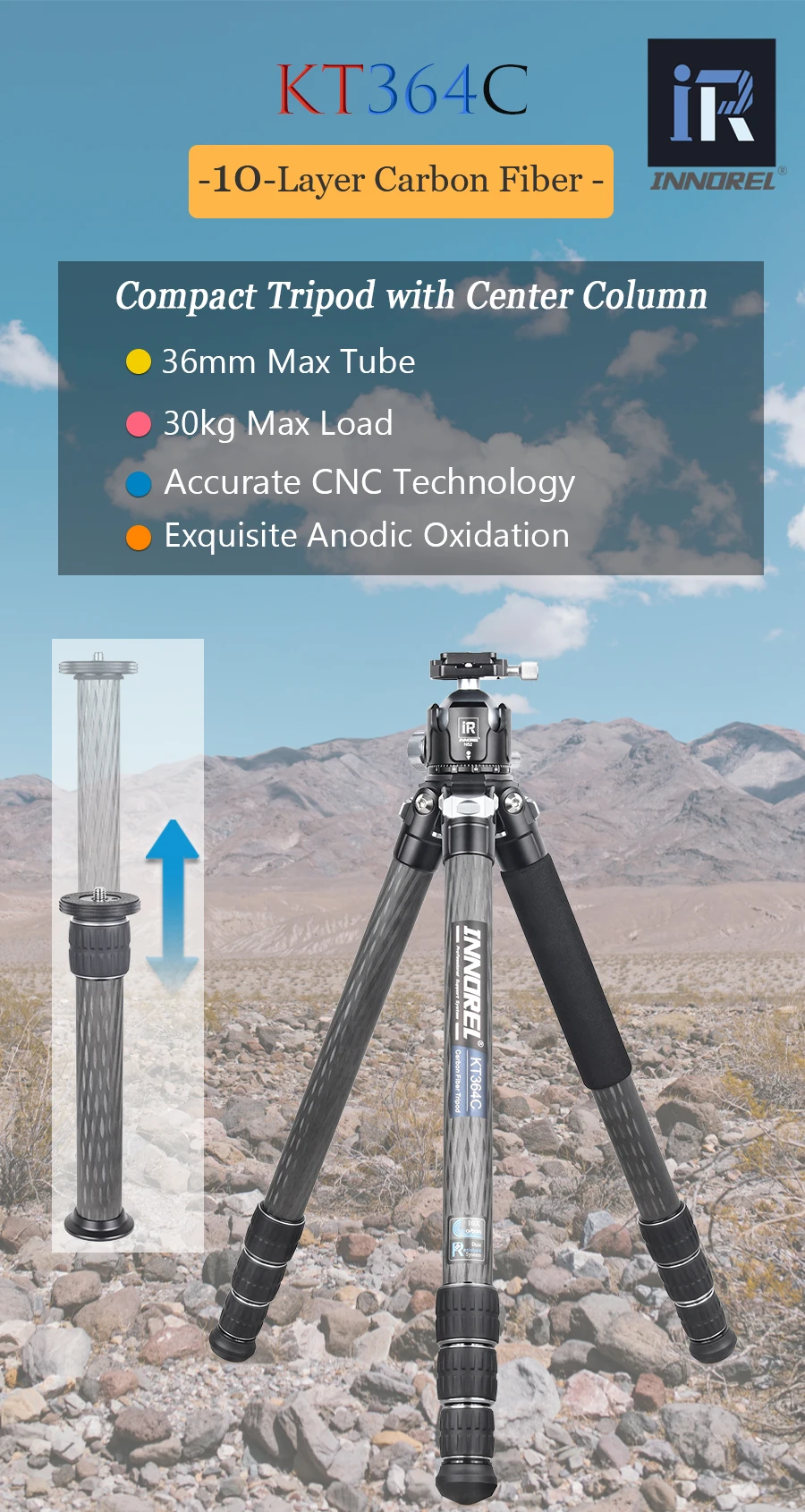 KT364C Professional Carbon Fiber Tripod for DSLR Camera Heavy Duty 36mm 10 Layer