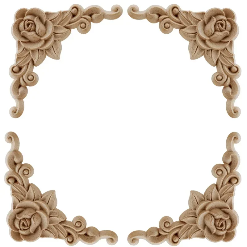 4pcs Natural Floral Wooden Figurines Crafts Wood Carved Corner Appliques Frame Wall Door Furniture Woodcarving Decorative 1
