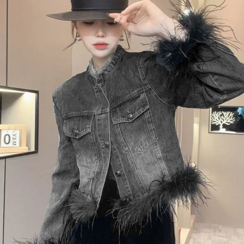

Women's Long Sleeved Denim Jacket, Short Coat, Round Neck, Feather Edge, Single Breasted Top, Spring and Autumn, New, 2024