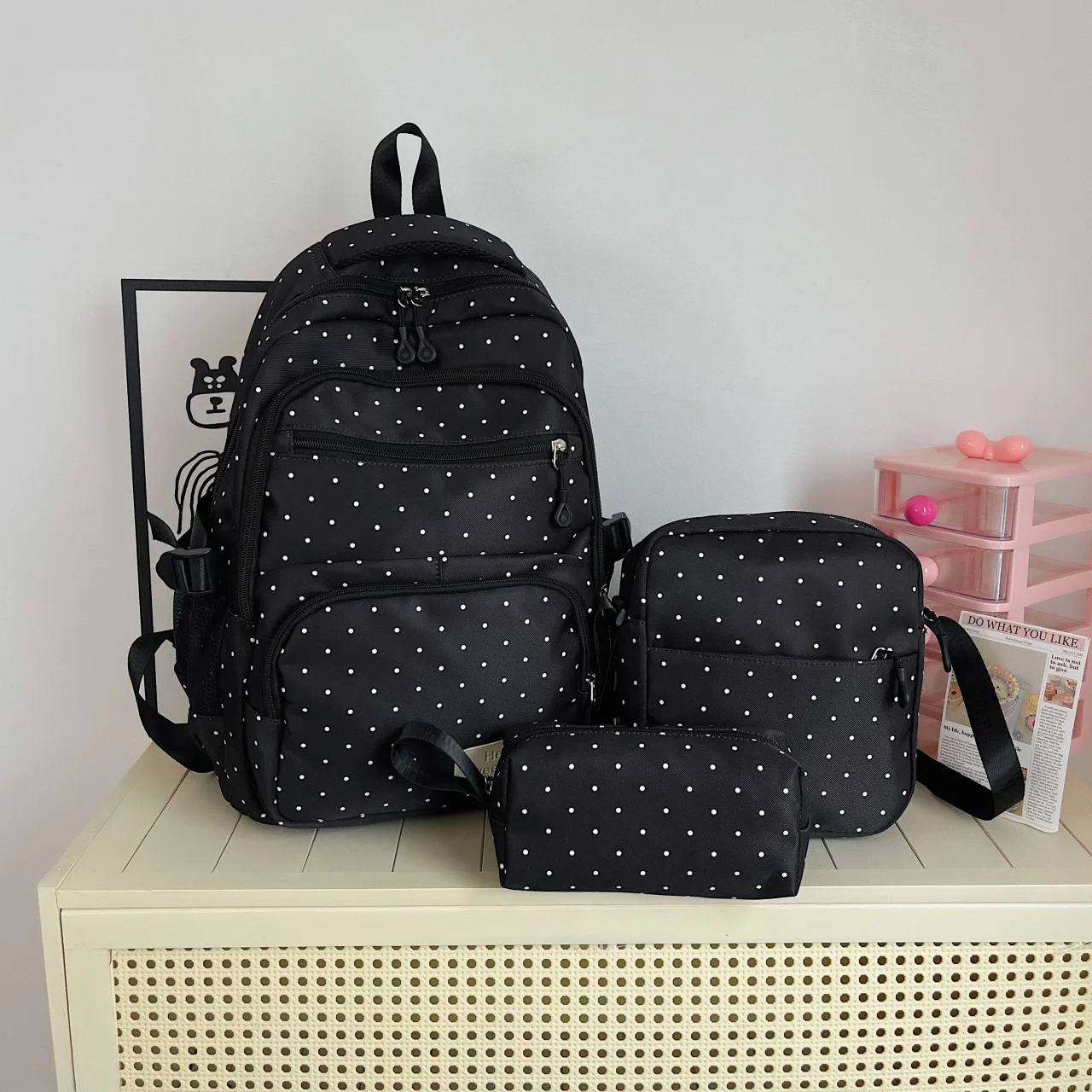 Charming Polka Dot 3-Piece Backpack, Crossbody Bag & Pencil Case Set - Large-Capacity Casual Travel Pack