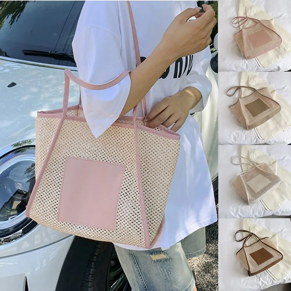 

Large Capacity Straw Woven Shoulder Bag Casual Pu Leather Handbag Mesh Beach Bag Tote Bag Knitted Travel