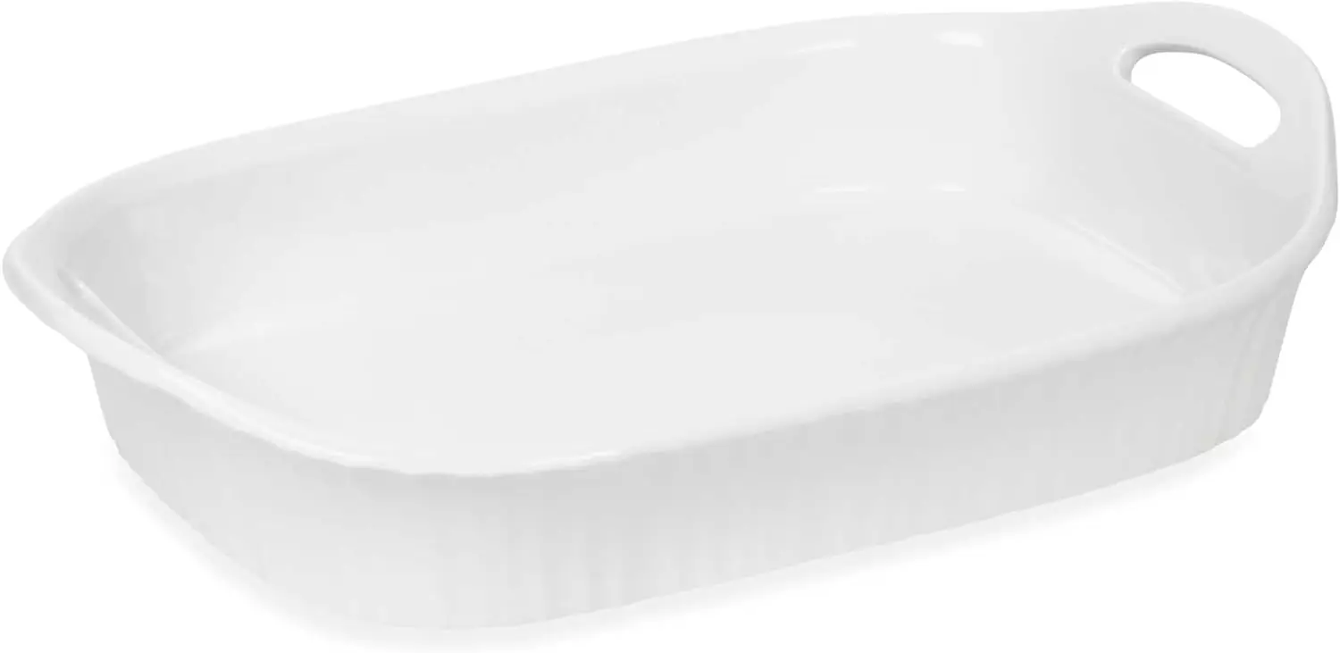 

White III 3-Quart Ceramic Oblong Casserole Dish with Sleeve | Oven, Microwave, Refrigerator and Freezer Safe Wooden box Baking a