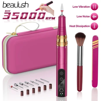 Beaulush 무선 전기 네일 샌딩기 펜, 젤 폴리싱, LCD 디스플레이, 페디큐어, 매니큐어 기계, 35000RPM