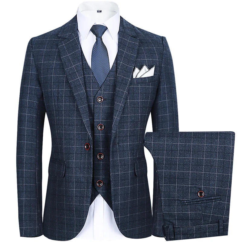 Wedding suit men Plaid Slim Fit Suit Three-piece set Groom Blazers Vest Pants Male Formal High quality Business Work Wear Suits