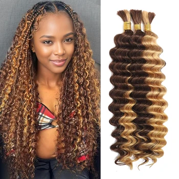 Brown highlights 150g Human Braiding Hair Bulk Deep Wave Knotless Braiding Hair Extensions Long Lasting Soft for Braids #4/27 1