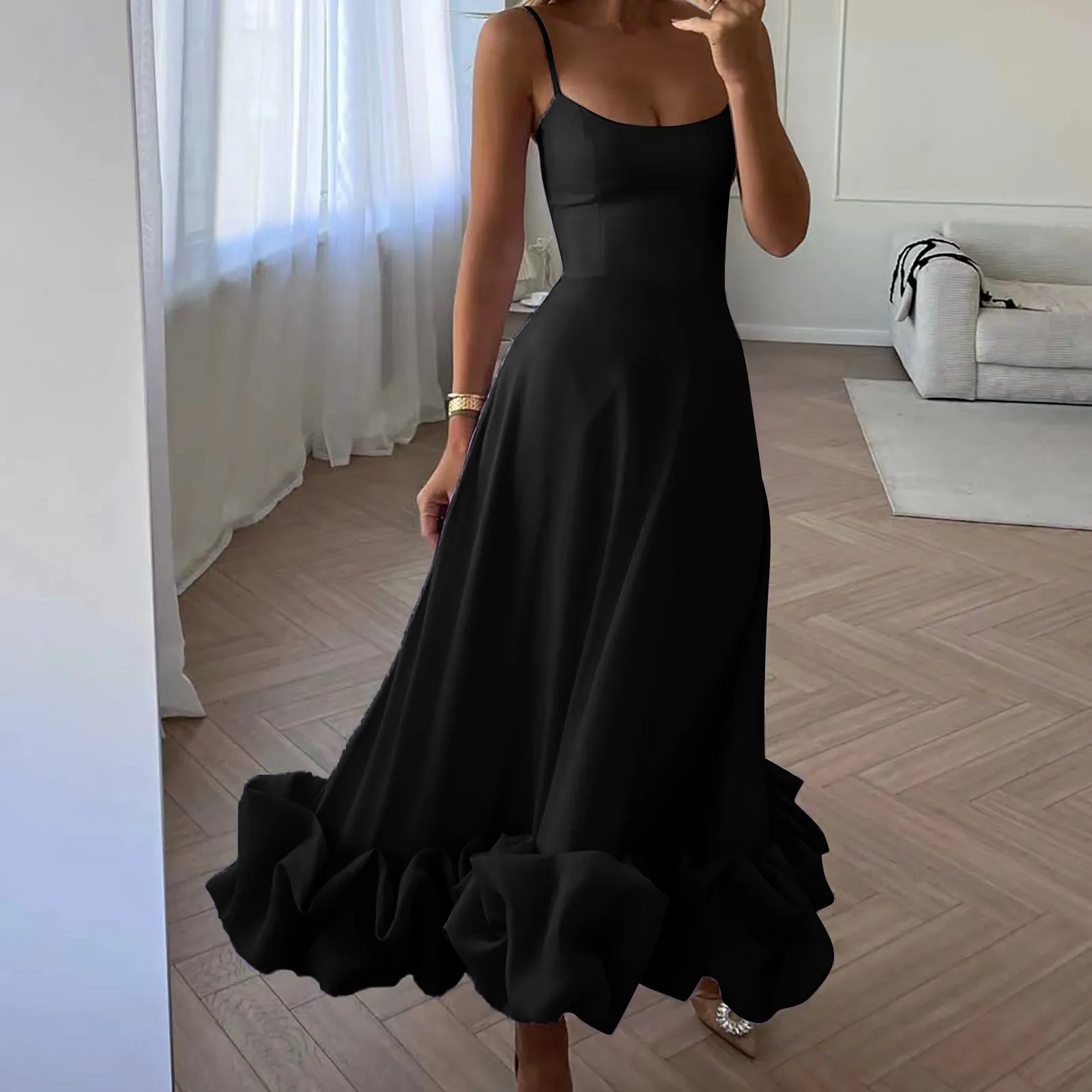 

2023 Women Sexy Dress Solid Color Straight Flower Hem Party Dresses Elegant Female Summer Spaghetti Strap Dress Vestidos